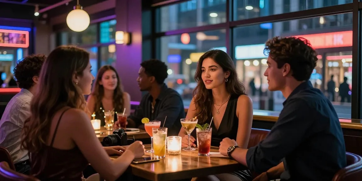 Gái gọi tại quán bar sang trọng, đêm thành phố nhộn nhịp.