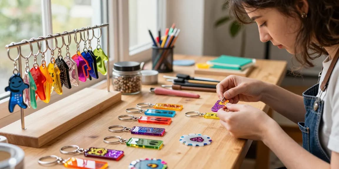 Custom keychains artistically arranged on a table, showcasing craftsmanship and vibrant materials.