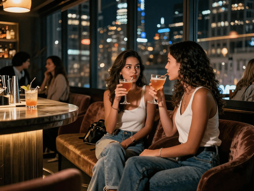 Gái gọi đang tận hưởng không khí buổi tối tại một lounge sang trọng, với đồ uống trong tay và ánh đèn mờ ảo.