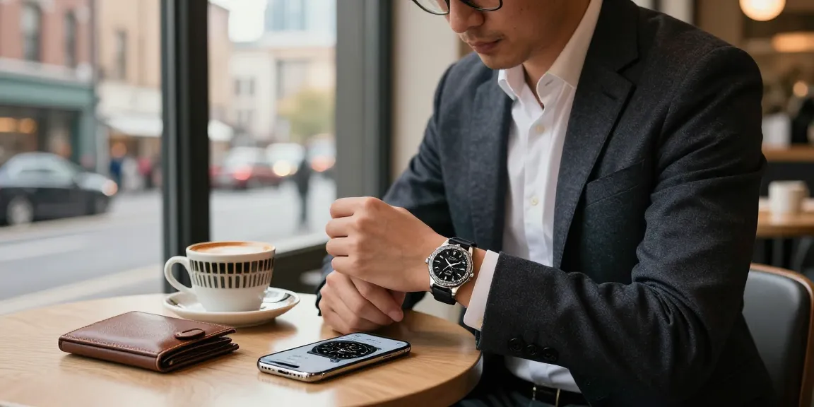 Admiring clone watches in a stylish urban café setting with luxury accessories.