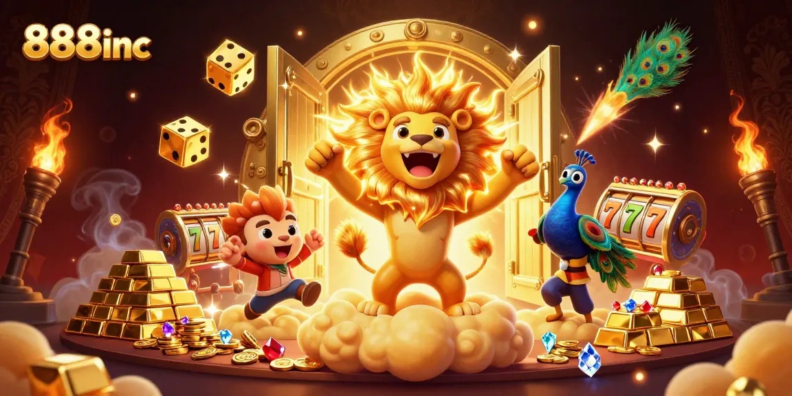 Spin the reels with 888inc in this vibrant, dynamic casino illustration showcasing golden treasures and excitement.