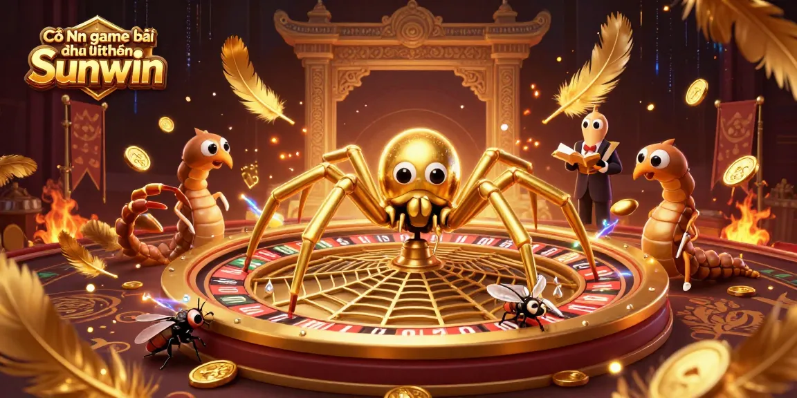 Cổng game bài đổi thưởng Sunwin showcases a thrilling roulette scene with a golden spider and adventurous fly placing bets.