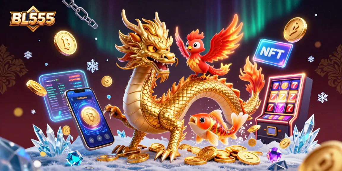 Experience the excitement of BL555 with golden dragon and phoenix amid vibrant casino elements.