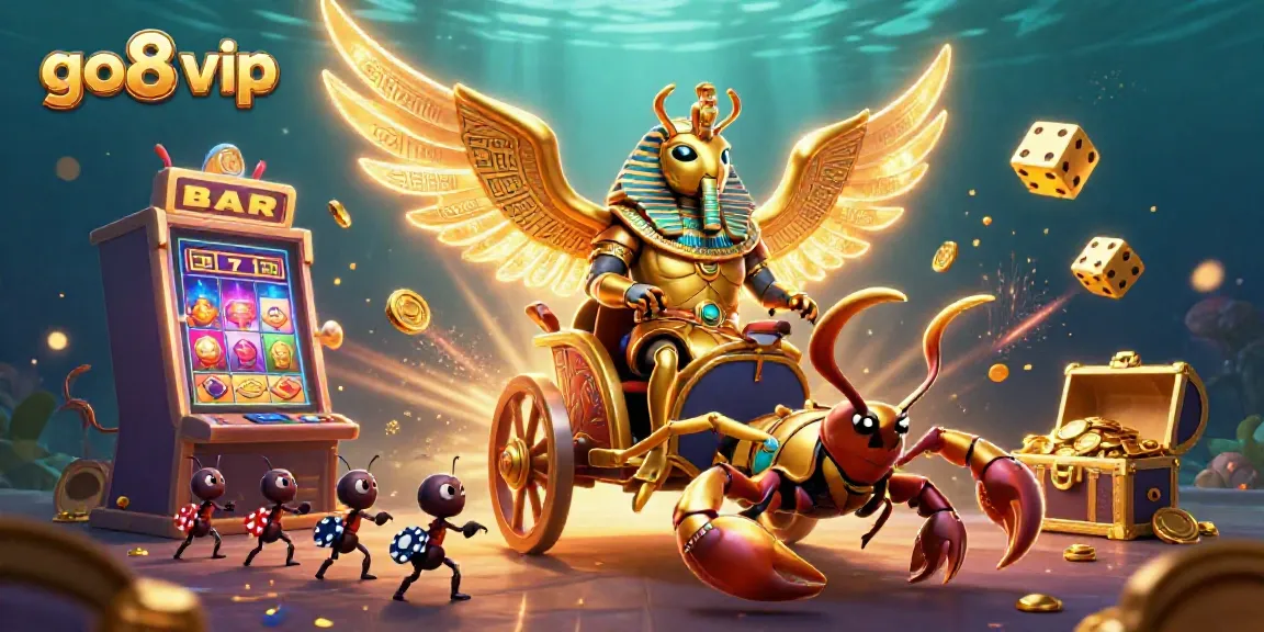 Engaging illustration showcasing go8 vip with a golden scarab beetle, slot machines, and casino symbols.
