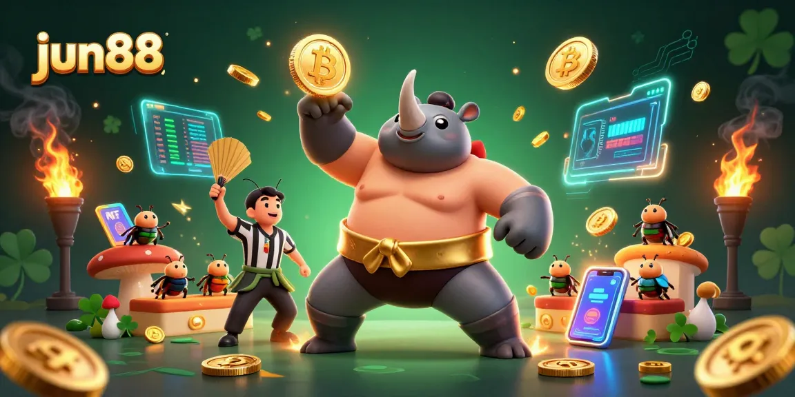 Experience thrilling gameplay at jun88 with a dynamic illustration showcasing a sumo champion beetle amidst falling coins.