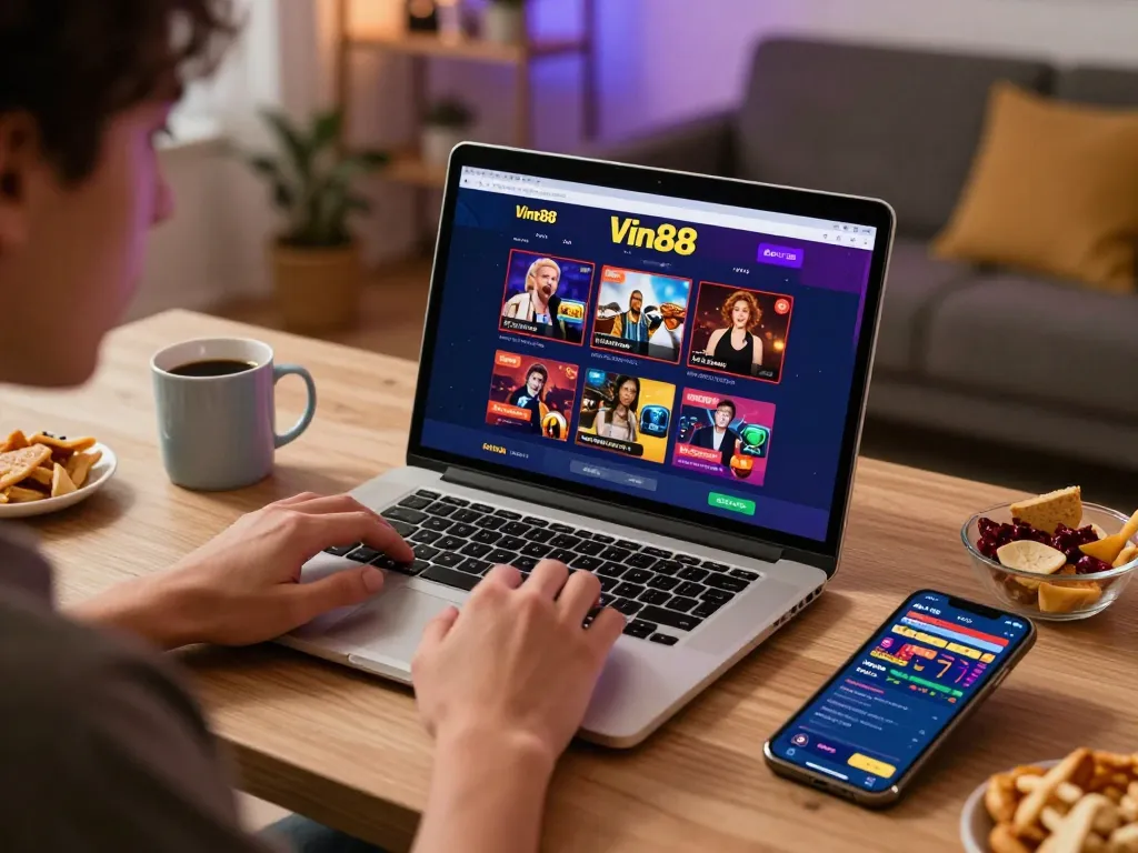 Engaging online gaming with Vin88's platform showing casino options in a cozy home setting