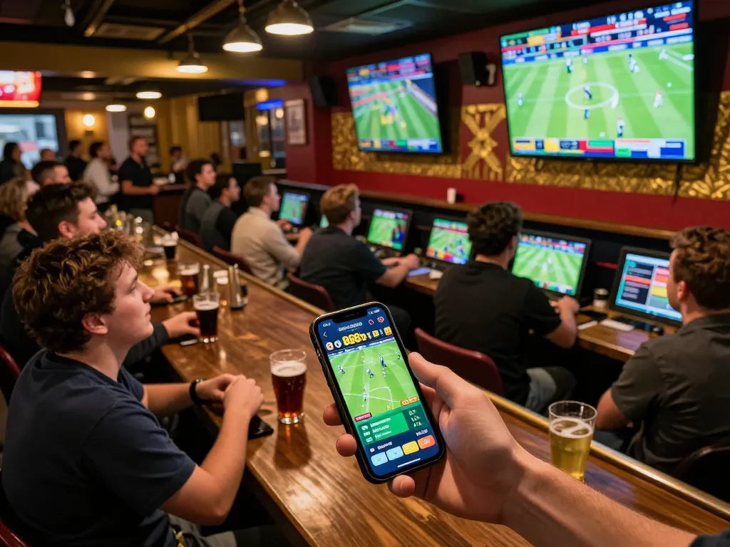 Excited fans engaging in sports betting at 888b within a lively atmosphere.