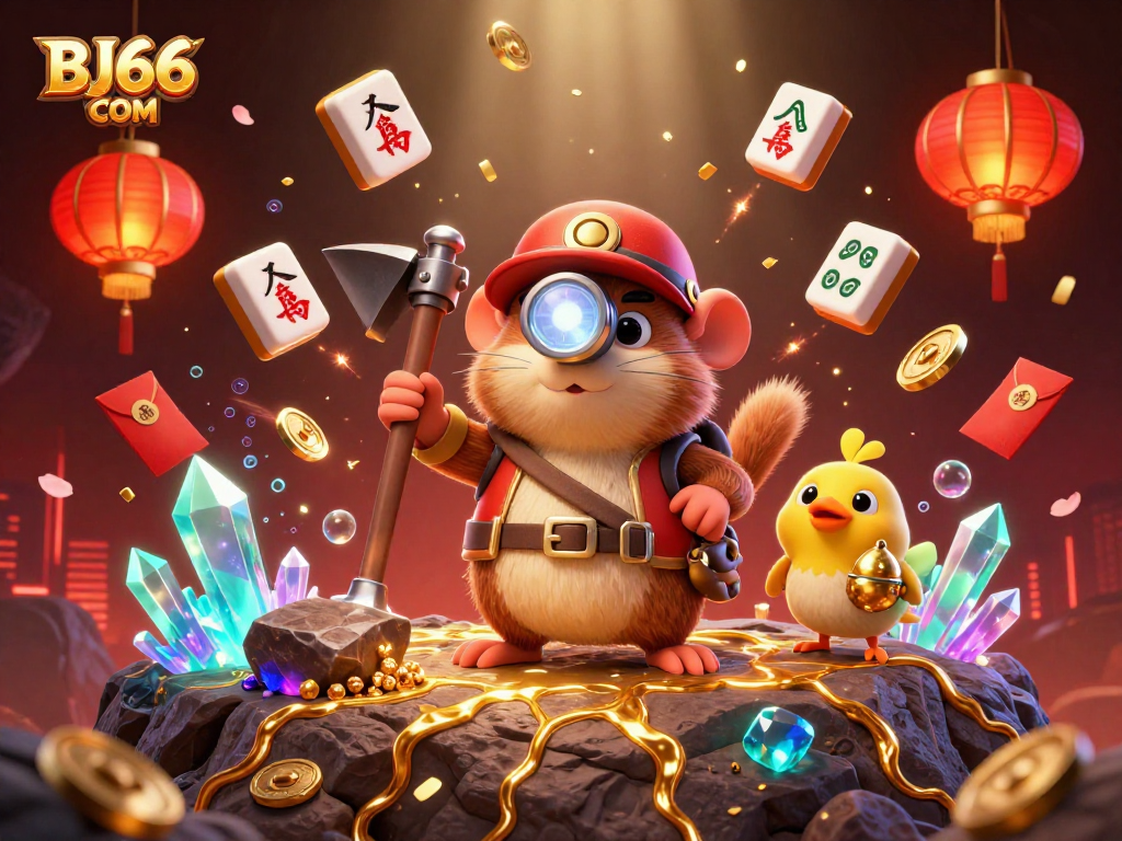 Bettors explore golden opportunities with BJ66 COM in a vibrant 3D casino-themed scene.