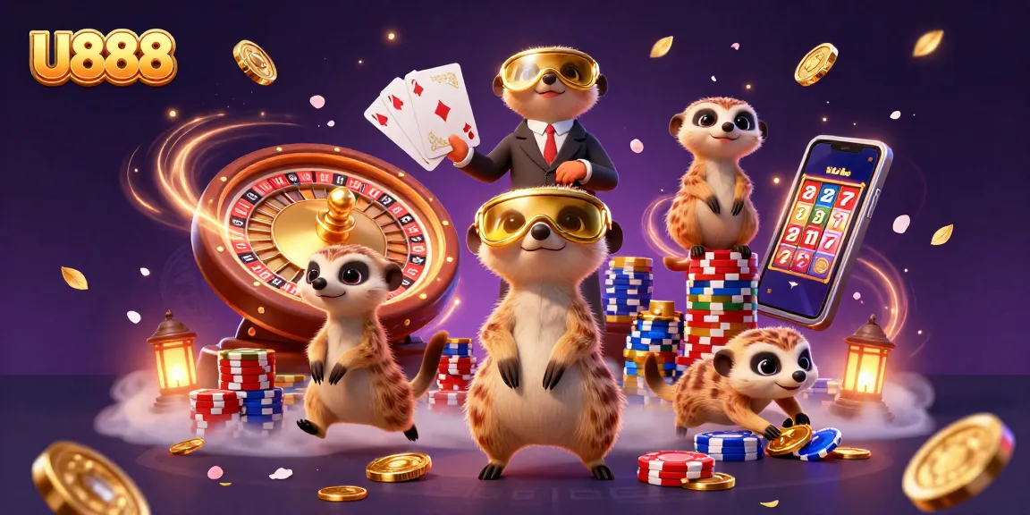Experience thrilling gameplay at U888 with adorable meerkats managing a vibrant casino scene.