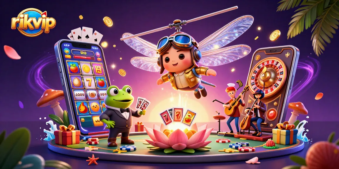 Explore exciting slot games with rikvip at a vibrant lily pad casino featuring animated characters and dynamic gaming elements.