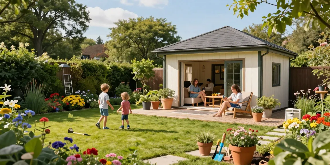 Wunderschönes Garten Haus umgeben von bunten Blumen und einer Familie, die auf der Terrasse entspannt. Ideal für Gartenliebhaber.