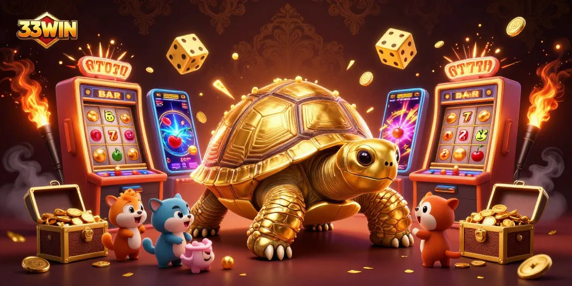 Experience exhilarating gameplay at 33WIN's animated casino scene featuring a golden tortoise pinball machine.