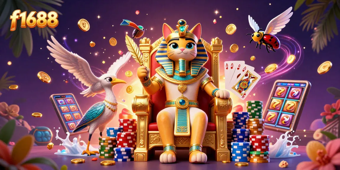 Spin with f1688’s pharaoh cat, surrounded by vibrant slots and sparkling coins.