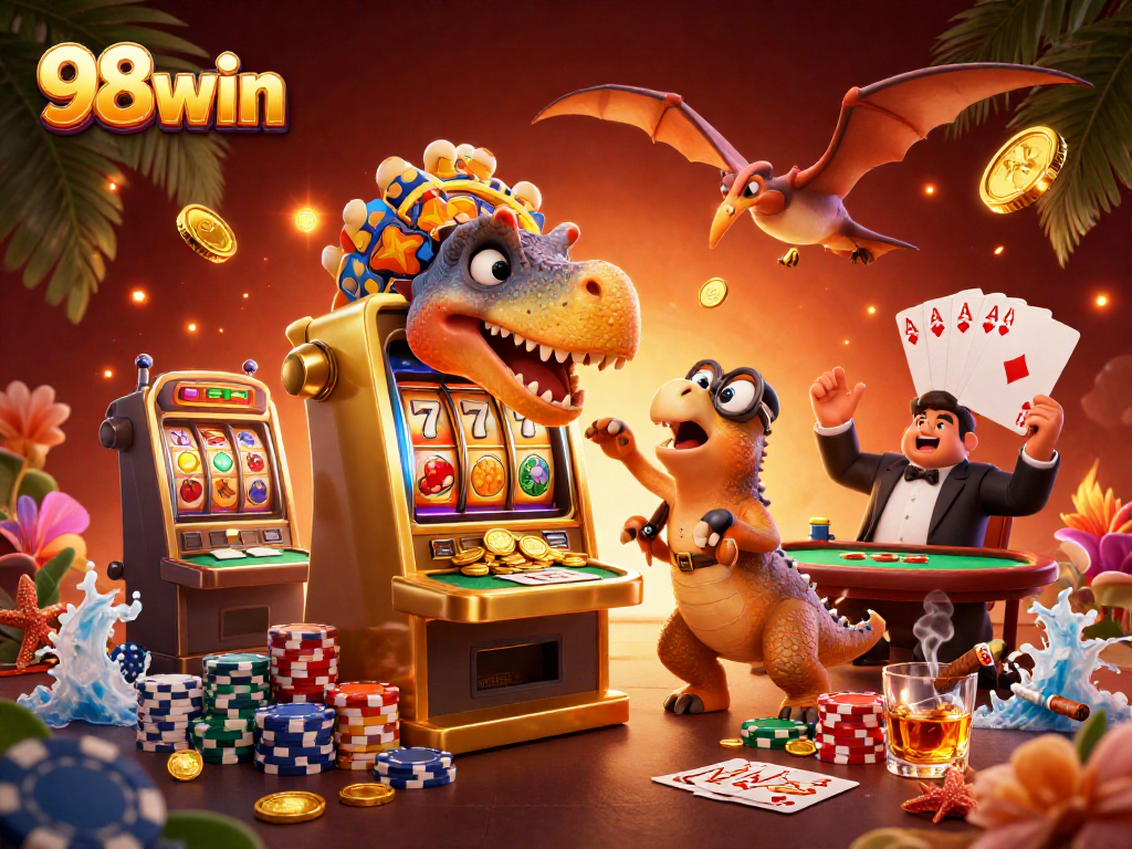 98win slots scene: cartoon dinosaurs celebrate jackpot coins amid vibrant casino elements.