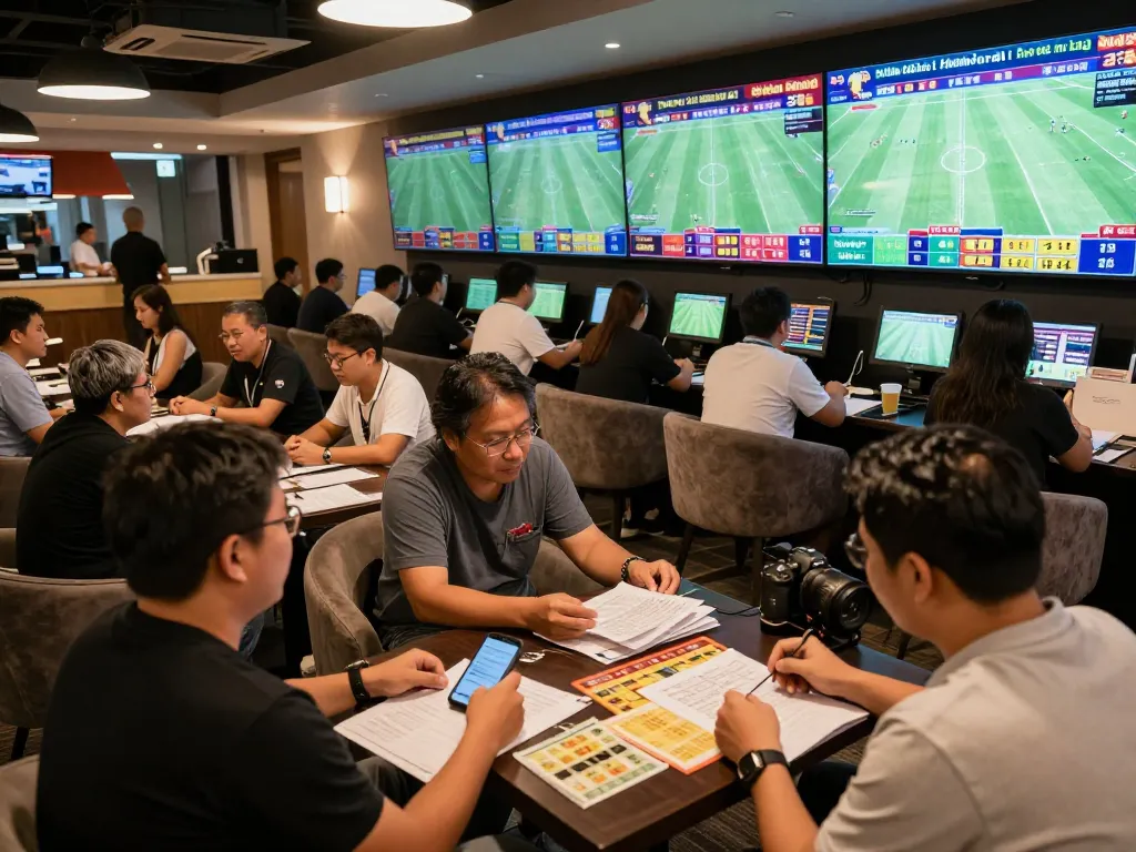 Kèo Nhà Cái Hôm Nay patrons engaged in sports betting, excited atmosphere in modern lounge
