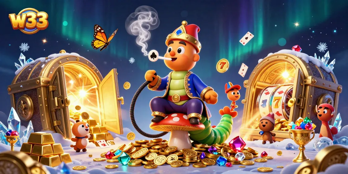 Experience the vibrant w33 online gaming adventure with an illustrated masterpiece of casino elements.