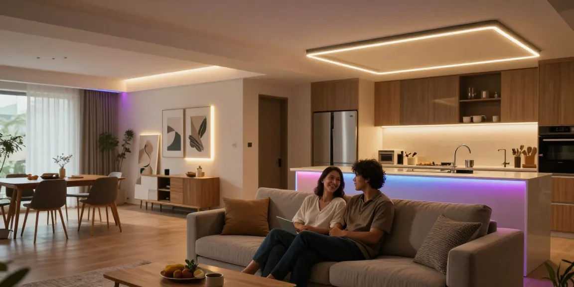 Benzi LED flexibile în iluminatul modern al casei, accentuând mobilierul și arta.
