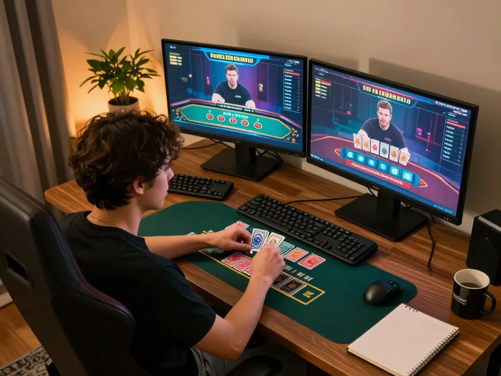 98win player analyzing cards in a stylish home gaming setup during live blackjack.