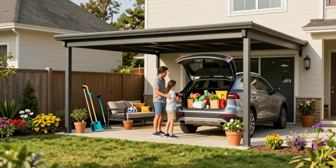 Schicker Carport mit Familie, die Einkäufe unter dem überdachten Bereich auslädt, umgeben von Gartenwerkzeugen und Pflanzen.