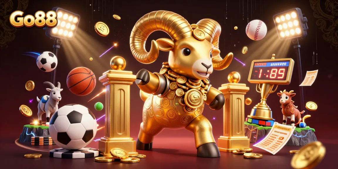 Experience thrilling game dynamics at Go88 with a charging golden ram amidst vibrant sports elements