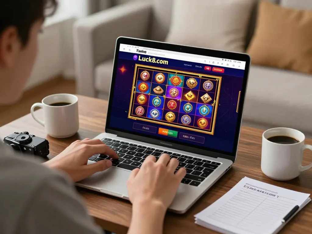 Engaging gameplay on luck8com as player enjoys online slots in a cozy setup.