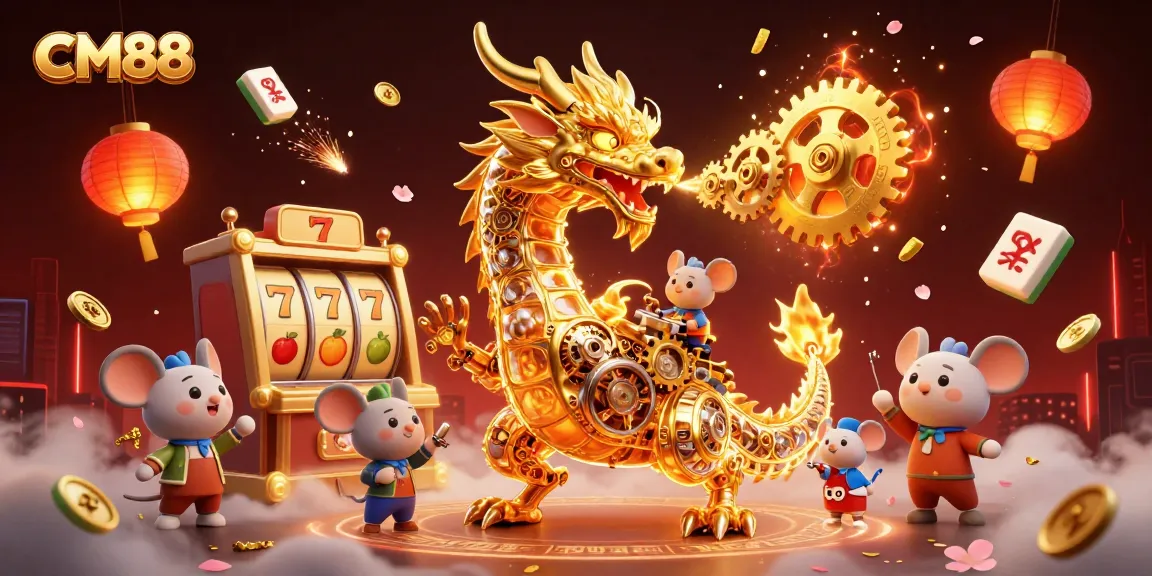 Immerse in CM88's action with a golden dragon and slot reels in an illustrated casino scene.