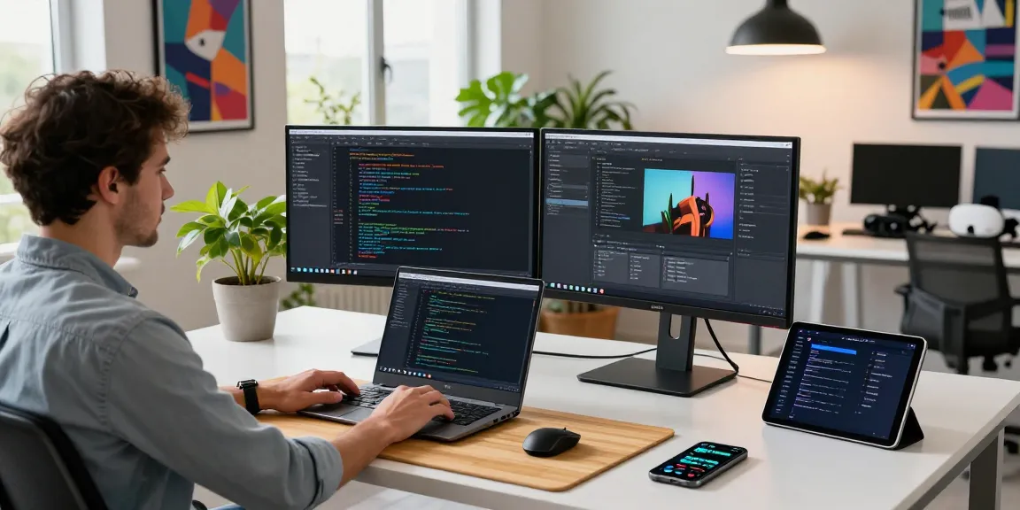 Professional workspace with software engineer coding at modern desk, showcasing the WPS Official Website and innovative tech tools.