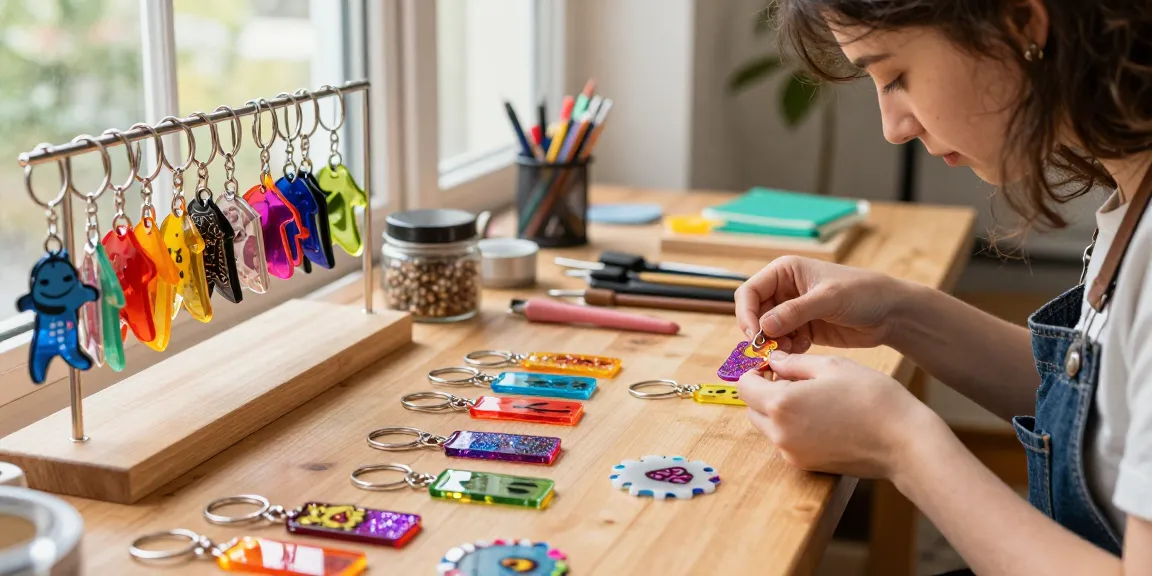 Custom keychains artistically arranged on a table, showcasing craftsmanship and vibrant materials.