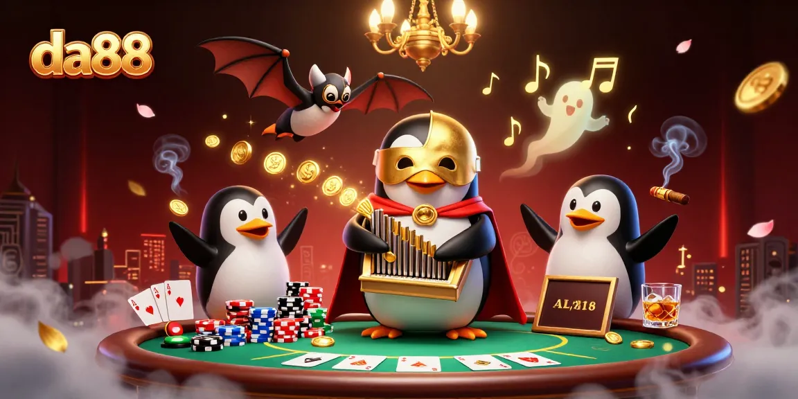 Experience da88 excitement with a vibrant casino scene featuring a musical penguin and poker elements.