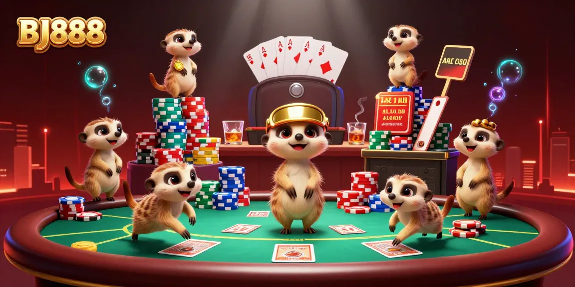 Experience interactive excitement with BJ888's meerkats managing a vibrant casino scene.