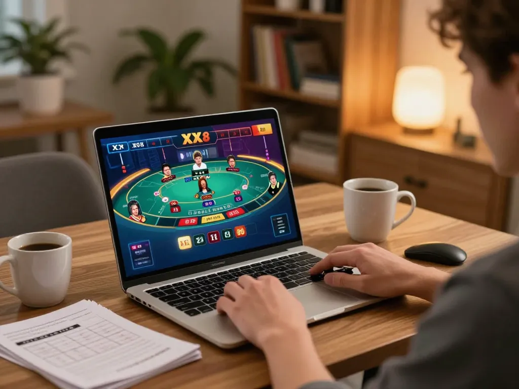 Engaging in strategic blackjack gameplay on XX 88's online platform while enjoying a cozy home environment.