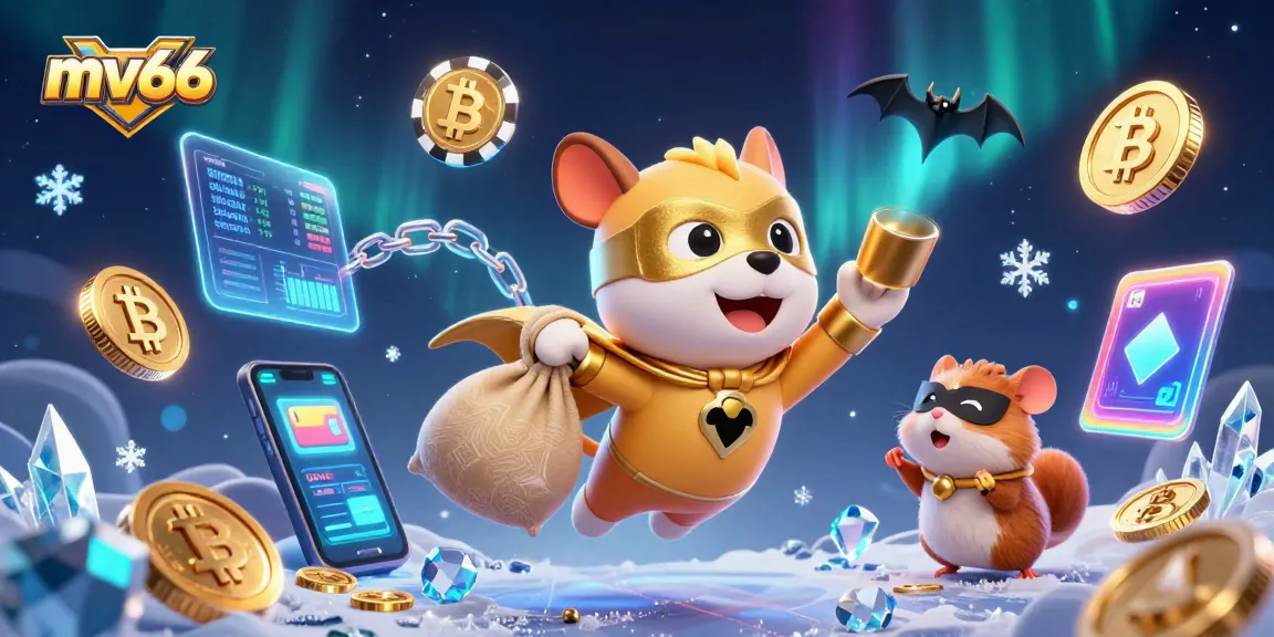 Experience thrilling play at mv66 with a superhero dog soaring over coins in a captivating casino scene.