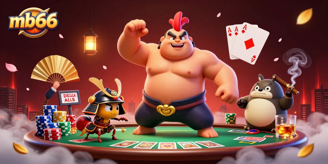 Engage with the dynamic mb66 scene featuring a powerful sumo rooster, a samurai cricket, and vibrant casino elements.
