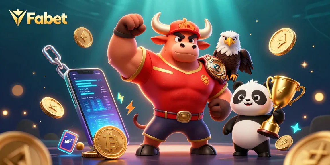 Fabet showcases exhilarating victory with a powerful mascot trio celebrating in a dynamic crypto casino environment.
