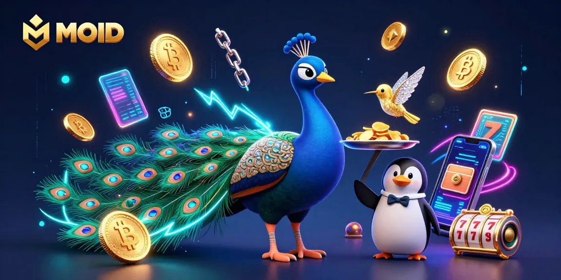 Engage with MPOID in a vibrant casino scene featuring a peacock, chips, and crypto elements.