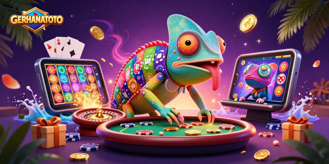 Mengaktifkan GERHANATOTO dengan karakter chameleon pemilik kasino, menampilkan elemen permainan kasino yang bersemangat.