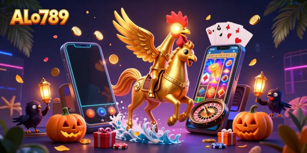 Experience the excitement of ALo789 with a golden rooster symbolizing luck and fortune in a vibrant casino setting.