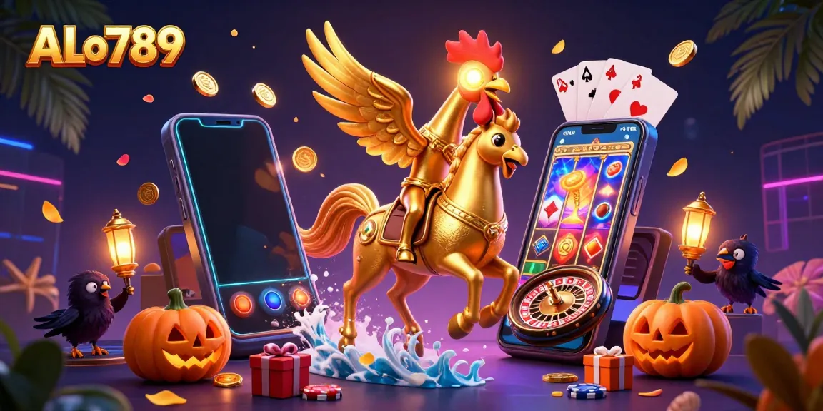 Experience the excitement of ALo789 with a golden rooster symbolizing luck and fortune in a vibrant casino setting.