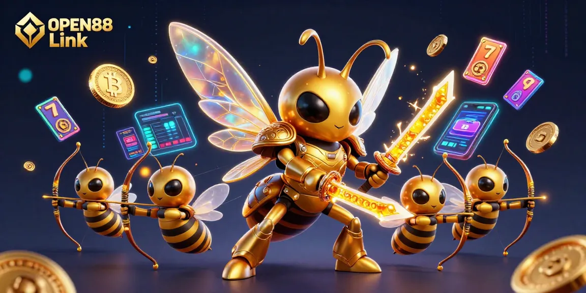 Win big with interactive games and promotions on OPEN88 Link, featuring vibrant 3D graphics and crypto elements.