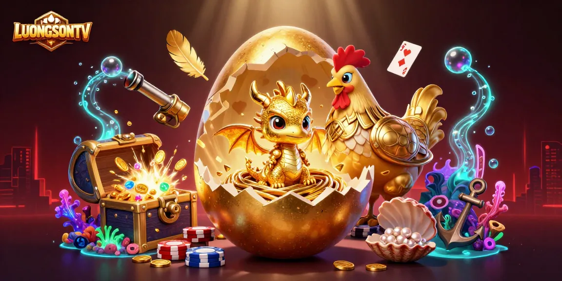 LUONGSONTV showcases a golden dragon and poker chips amidst an energetic casino scene.