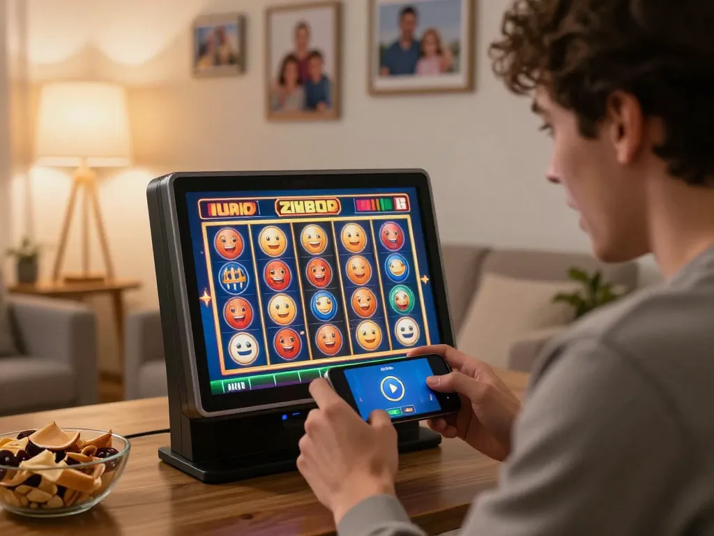 Pemain Bintangmpo menikmati pengalaman bermain slot daring yang mendebarkan di smartphone dalam suasana rumah yang nyaman.