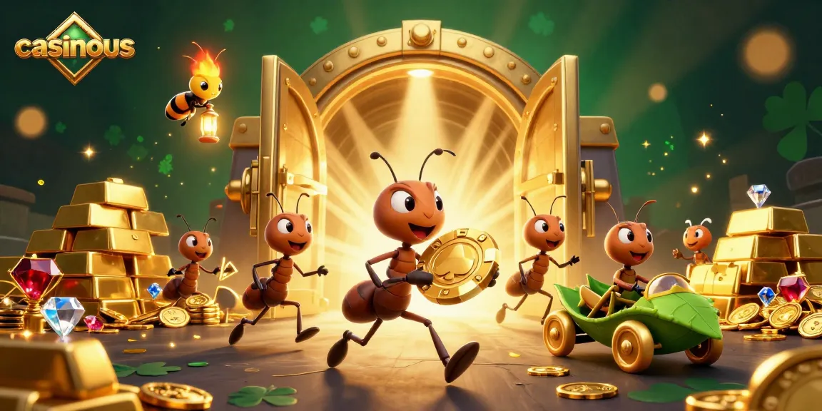 Casinous-inspired heist scene with ants, a firefly, and a grasshopper escaping with a golden poker chip.