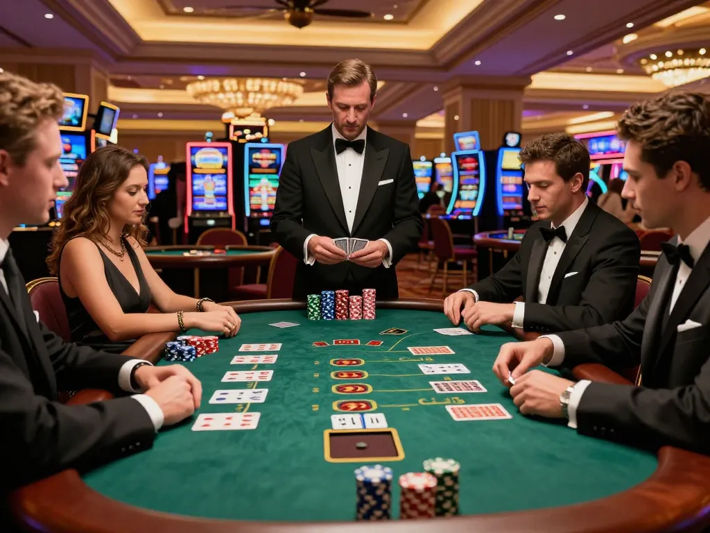 Players enjoying blackjack at qq8827 table with focused anticipation, showcasing elite casino atmosphere.
