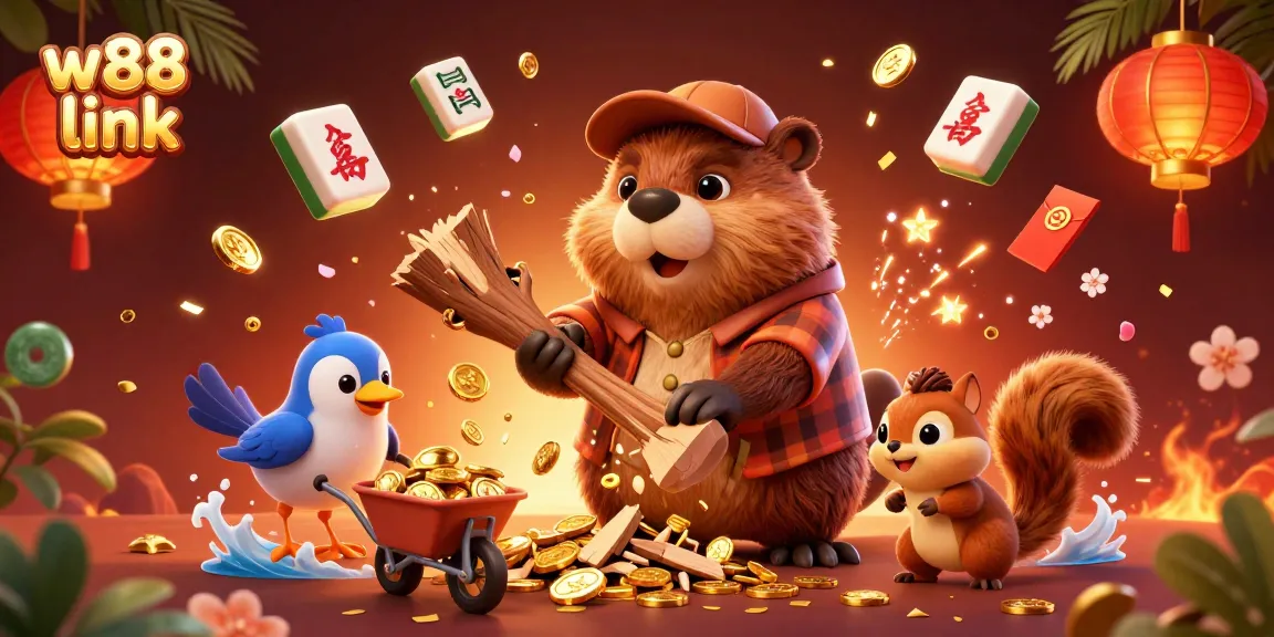 Spin the reels with w88 link as beaver chops golden coin tree in vibrant casino scene.