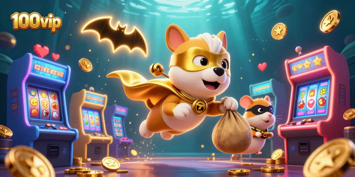 Experience the excitement of winning at 100vip, featuring a superhero dog and casino game elements.