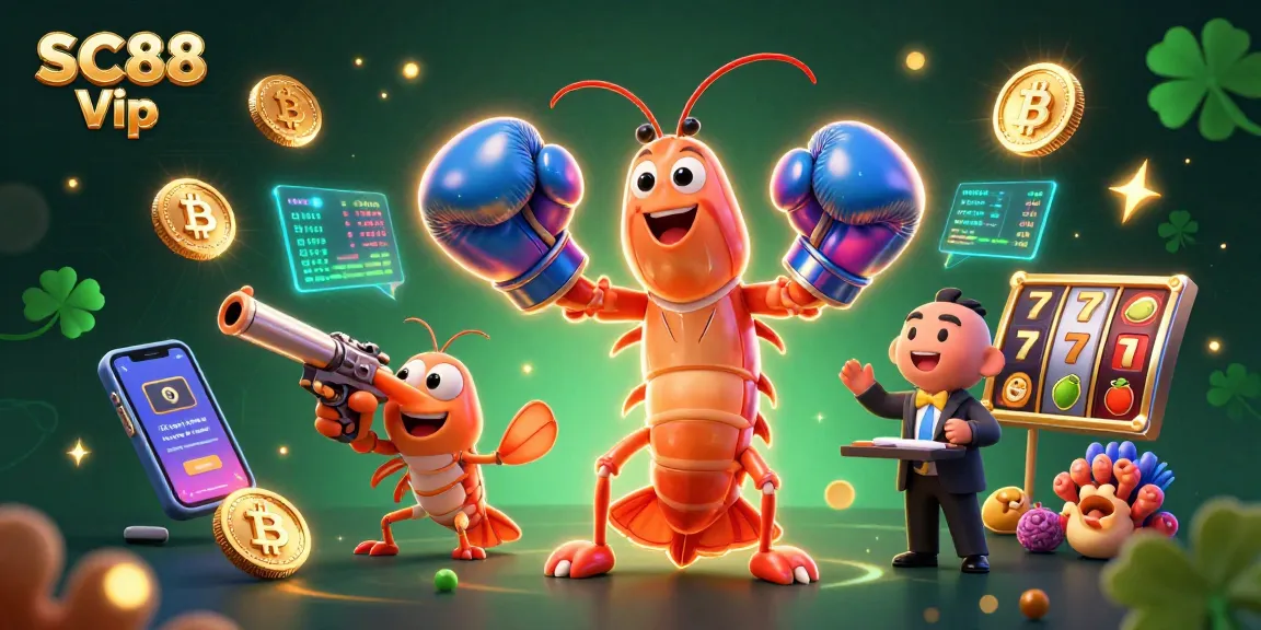 Experience the thrill of SC88 Vip with vibrant slot games, Bitcoin elements, and dynamic casino characters.