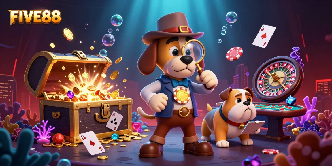 Engage with FIVE88's vibrant casino scene, showcasing poker chips and lively characters.