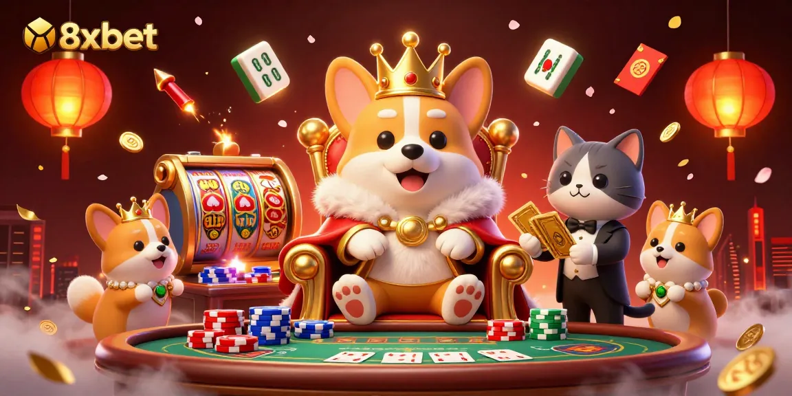 Engage in exciting gameplay at 8xbet with a 3D royal corgi character, poker themes, and vibrant casino elements.