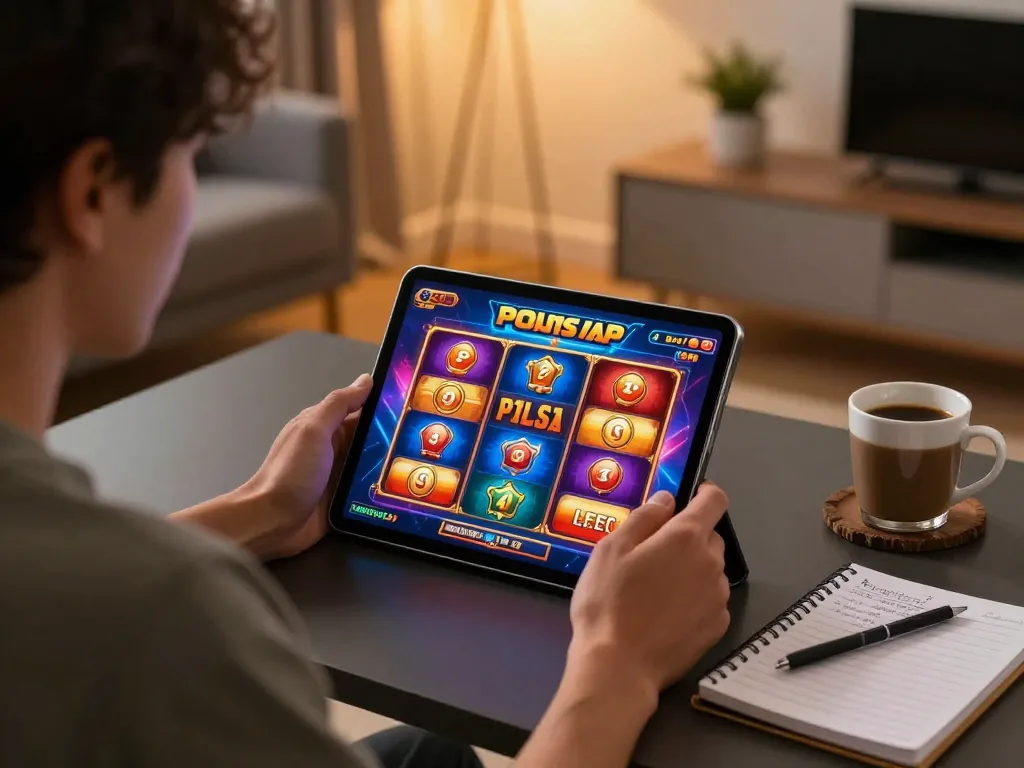 Engaging online gameplay of slot pulsa on tablet, showcasing vibrant graphics and player concentration.