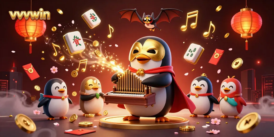 Experience thrilling gaming action at vvvwin with a vibrant illustration featuring a penguin playing a grand organ.